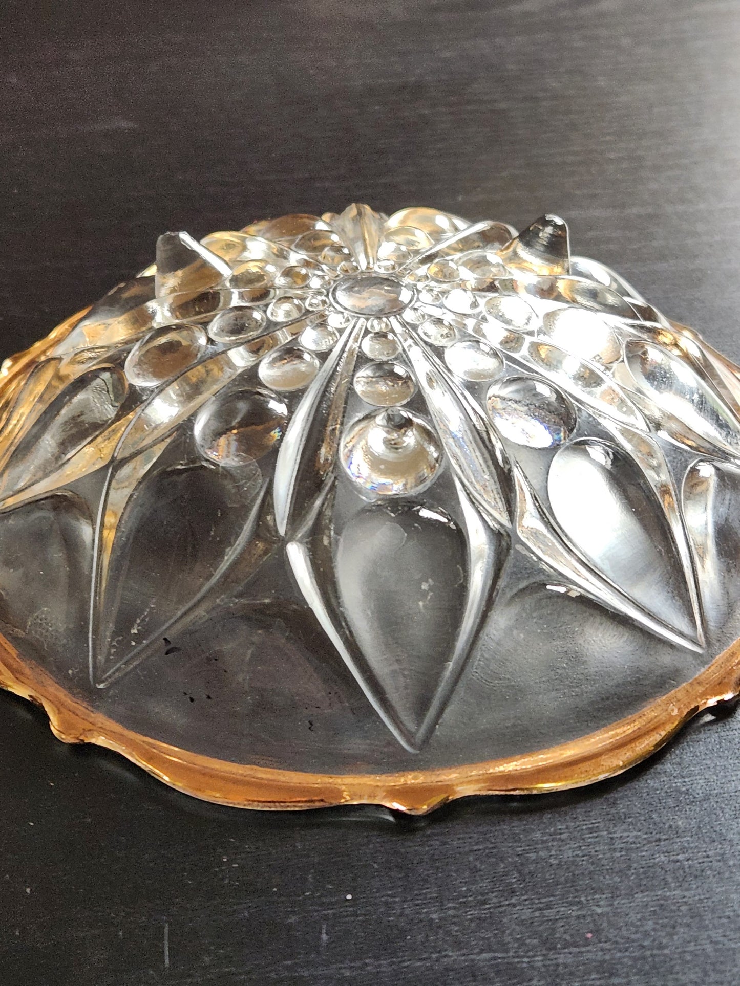 Vintage 7'• Pressed Mold Cut Crystal Glass • Petal Pattern Dish • Gold Type Trim • Anonymous Estate