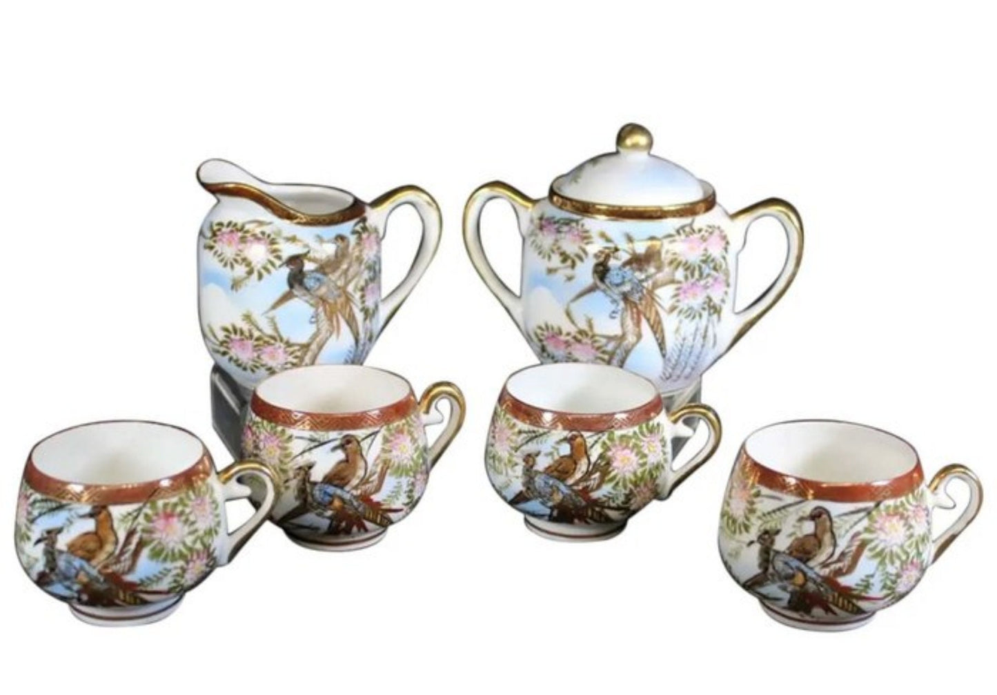 Vintage Kutani Porcelain Tea Set 20th Century Milk Jug, Sugar and Cups