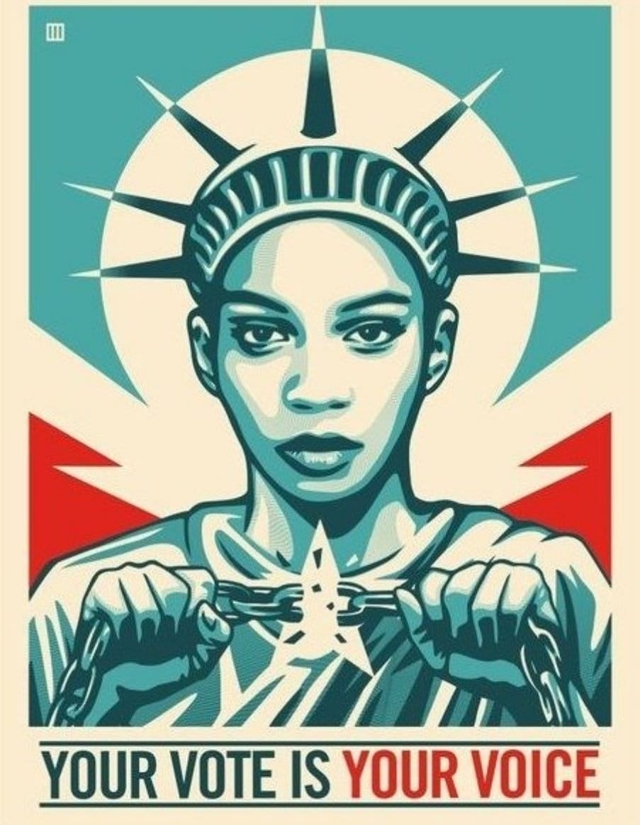 3 Historical Obama • Your Vote is Your Voice sign Thomas Wimberly #200 • Obey|Obama Progress '08 • Trump Looting  • Shepard Fairey • Insured
