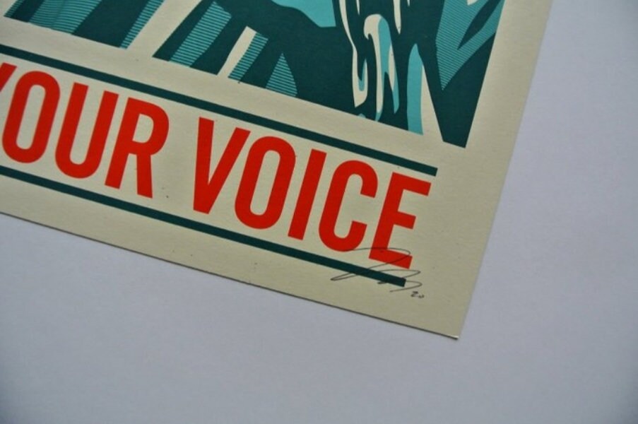 3 Historical Obama • Your Vote is Your Voice sign Thomas Wimberly #200 • Obey|Obama Progress '08 • Trump Looting  • Shepard Fairey • Insured