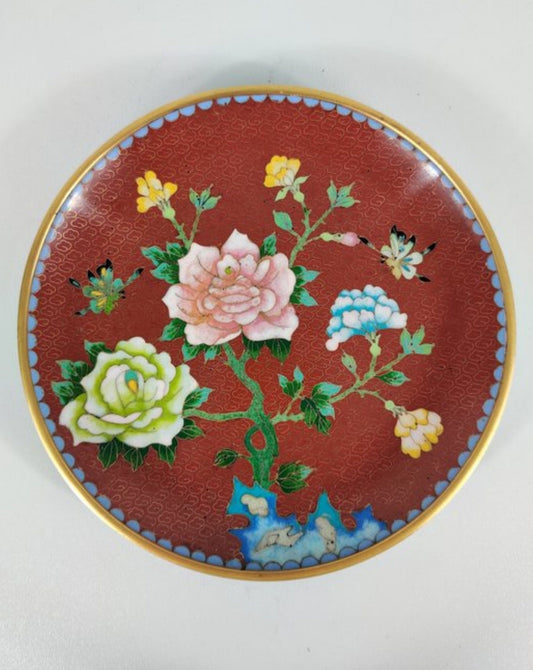 Vintage Floral Plate • Cloisonne enamel • China • Mid 20th