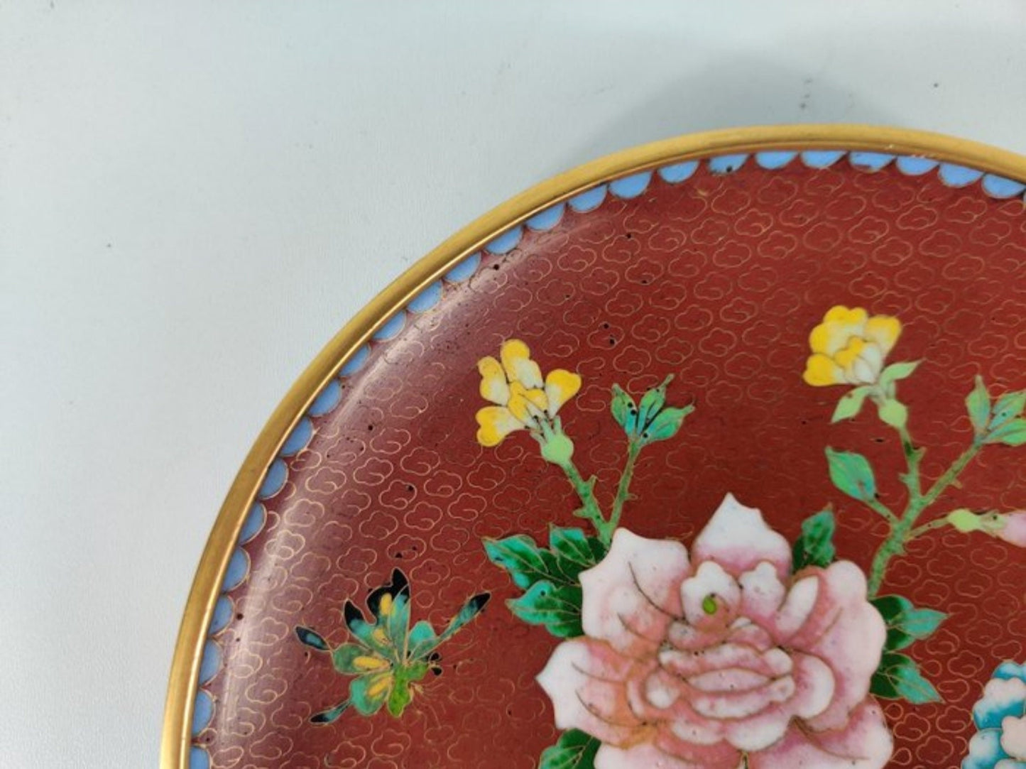 Vintage Floral Plate • Cloisonne enamel • China • Mid 20th