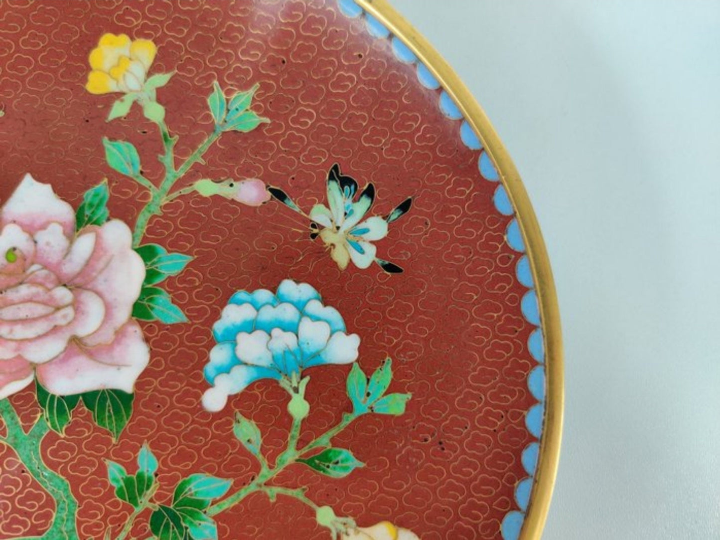 Vintage Floral Plate • Cloisonne enamel • China • Mid 20th
