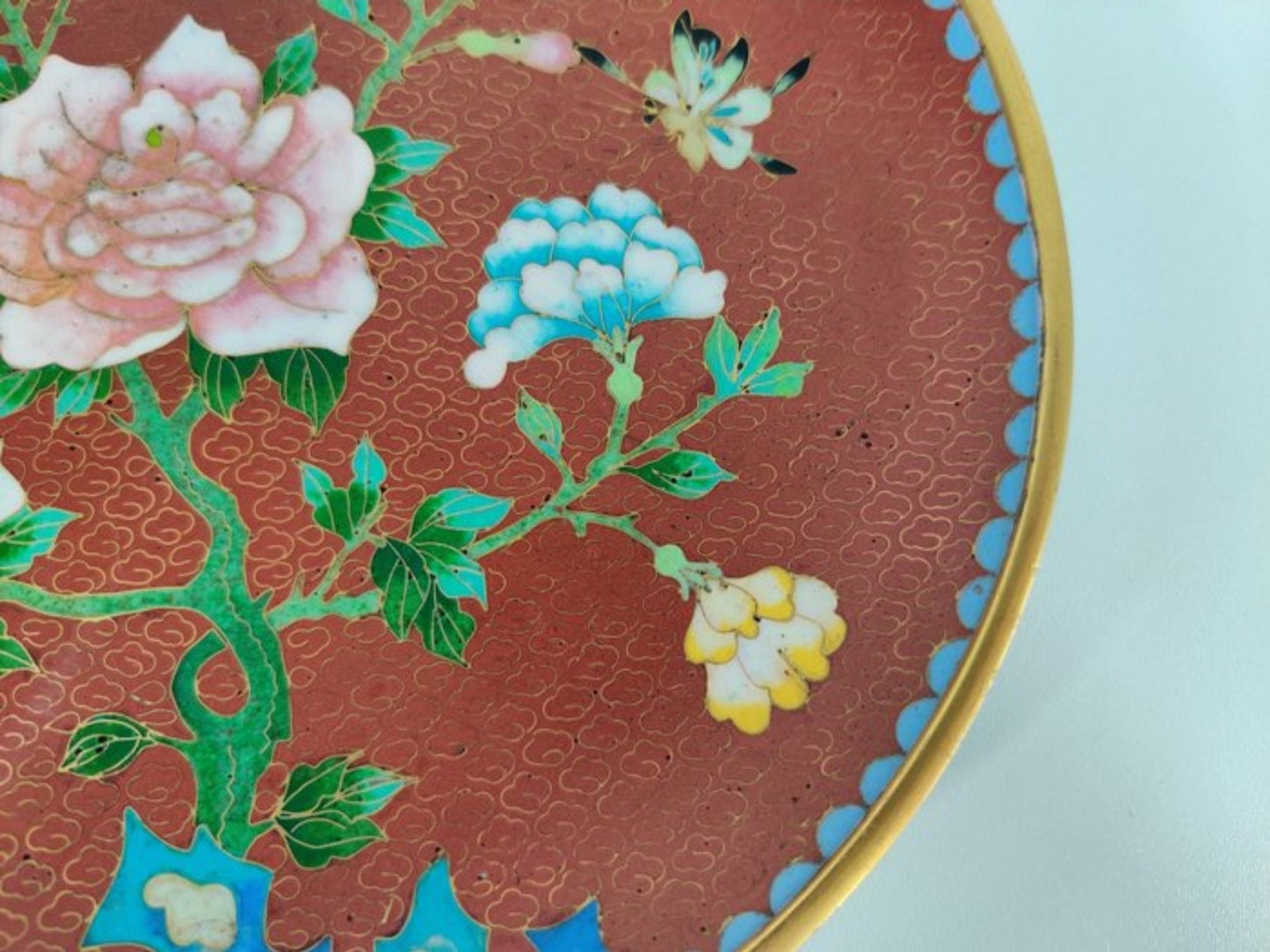 Vintage Floral Plate • Cloisonne enamel • China • Mid 20th