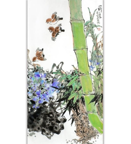 Ink painting • Rice paper - 'Morning Melody in the Bamboo Grove' - Yang Xiaochun • China - 1960 • Ships Insured • 97cm×1×51 cm