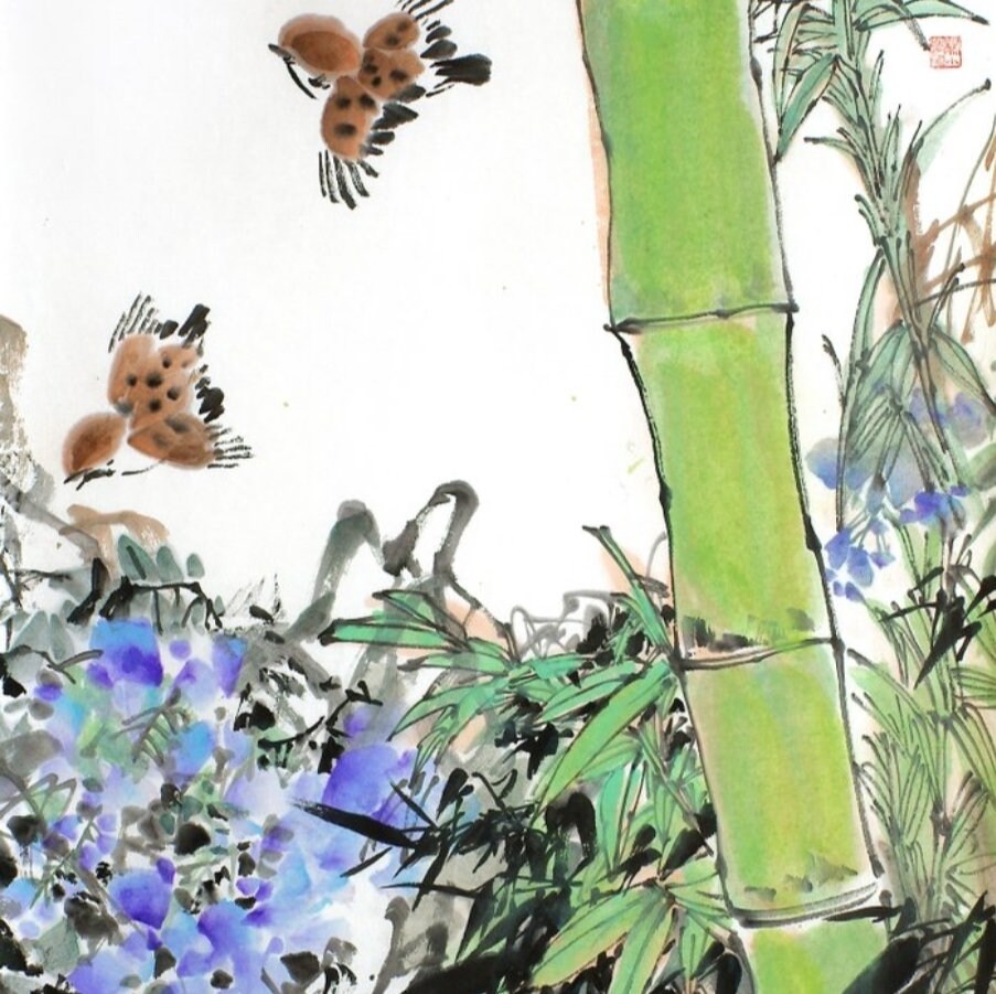 Ink painting • Rice paper - 'Morning Melody in the Bamboo Grove' - Yang Xiaochun • China - 1960 • Ships Insured • 97cm×1×51 cm