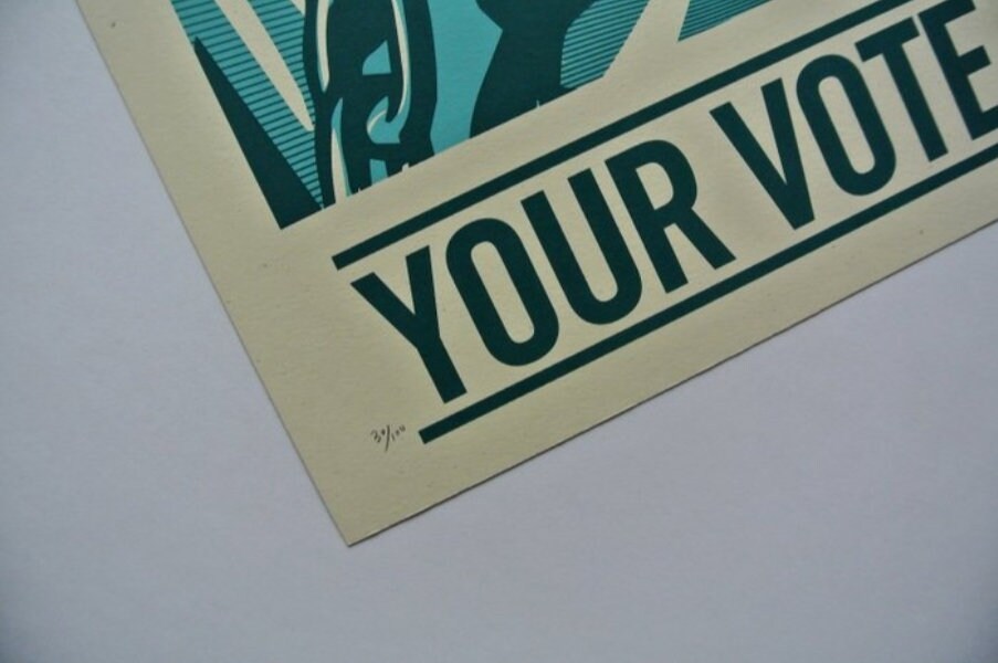 3 Historical Obama • Your Vote is Your Voice sign Thomas Wimberly #200 • Obey|Obama Progress '08 • Trump Looting  • Shepard Fairey • Insured